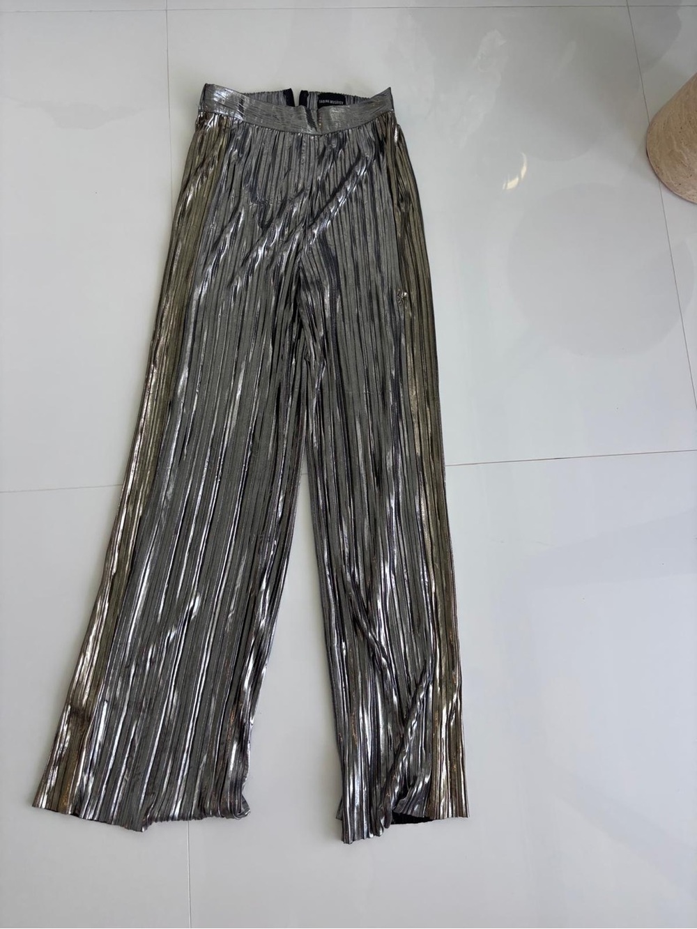 Sabina Musayev Silver Metallic Pleated Wide-Leg Pants